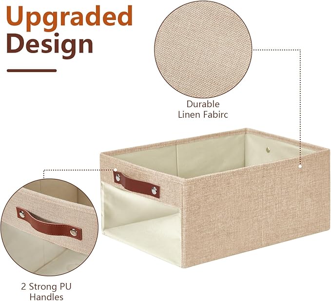 Medium Storage Baskets with Clear Window, See Through Closet Organizer with PU Handles, Linen Foldable Storage Bins for Organizing Clothes, Toys, Books (Khaki)