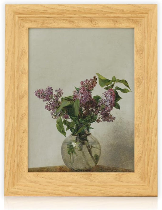 Brivoria Framed Canvas Wall Art Vintage Decor Realistic Still Life with Purple Lilacs in Glass Vase on Light Wood Table Botanical Artwork for Kitchen Reading Nook or Tabletop Display 8"x10"
