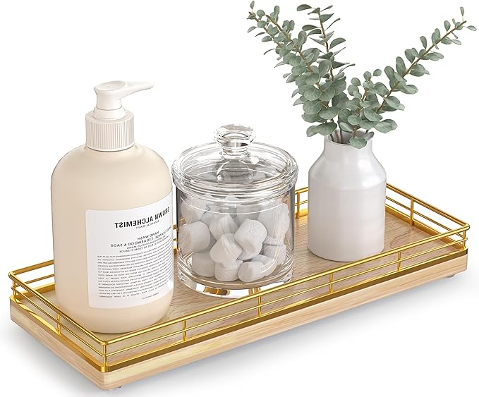 Bathroom Tray for Counter Top Organizer – Oak Wood Vanity Tray with Metal Frame for Dresser, Kitchen, Nightstand – Gold & Oak Decorative Storage