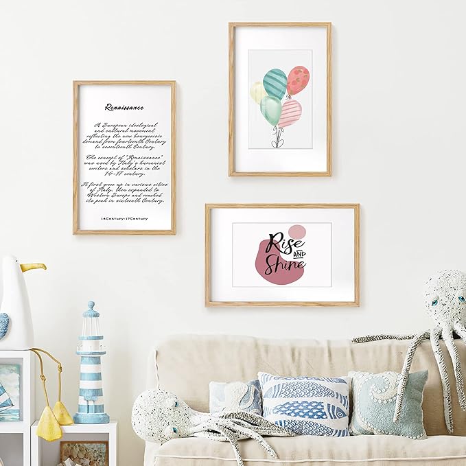 11x17 Picture Frame, Solid Oak Wood 11"x17" Picture Frames, 11 x 17 Poster Frame for Wall, 11x17 Wood Photo Frame - 8x12 with Mat, Tempered Real Glass (Beige Oak Color, 1 Pack)