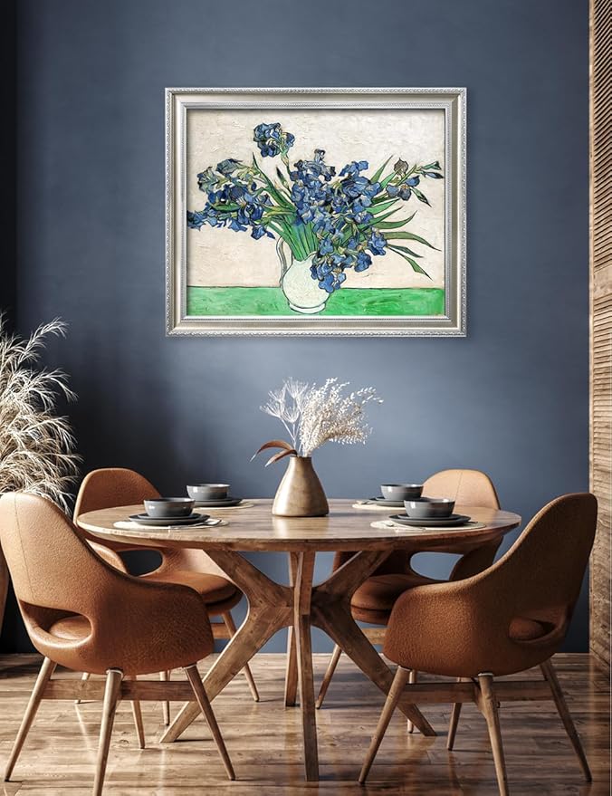 DECORARTS - Vincent van Gogh's Vase with Irises (1889), Museum-Quality Giclee Canvas Print in Silver Solid Wood Frame, 34.75 x 28.75 in, Ready to Hang, Made in USA