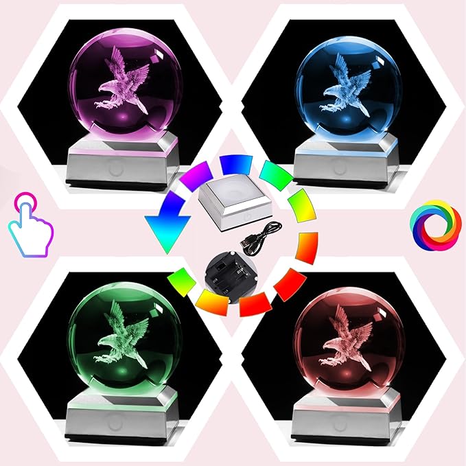 3.15"/ 8CM Crystal Ball 3D Engraved Eagle Gifts for Men Kids Glass Sphere with LED Colorful Base Ideas on Birthday Christmas Graduation for Him Home Decor Figurine