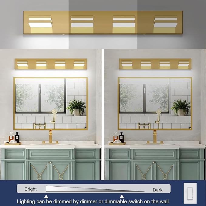 SineRise LED Modern Bathroom Vanity Light Fixtures (4-Light, 30-Inch, Dimmable),Brass Modern Acrylic Bathroom Wall Lighting Fixtures Over Mirror (Cool White 6000K)