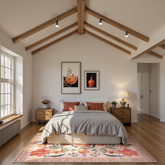 Beeiva Washable 6x9 Area Rugs for Bedroom, Floral Living Room Nursery Beige Rugs with Low Pile, Floral Ultra-Thin Non Slip Carpet for Bedroom Nursery Dorm Kids Room Décor (Beige,6'x9')