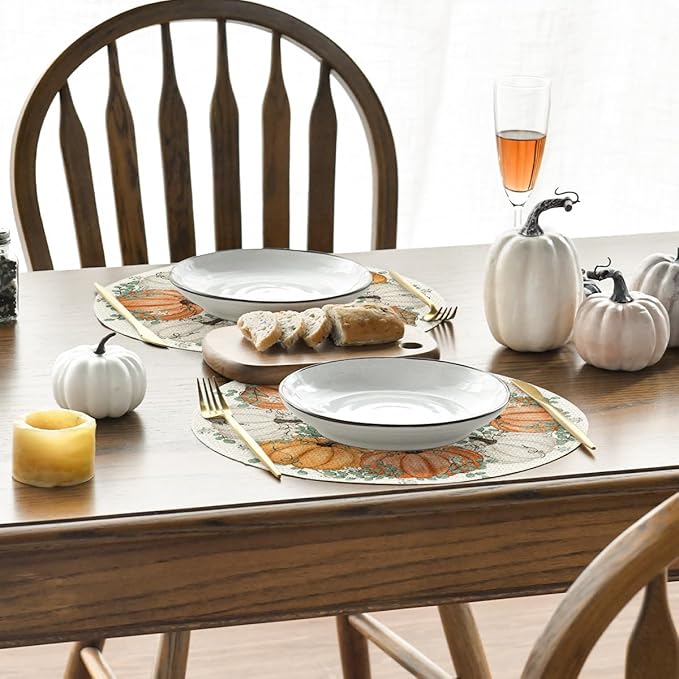 Artoid Mode Orange Pumpkins Eucalyptus Leaves Round Fall Placemats Set of 4, 14 Inch Thanksgiving Round Table Mats for Dining Decoration