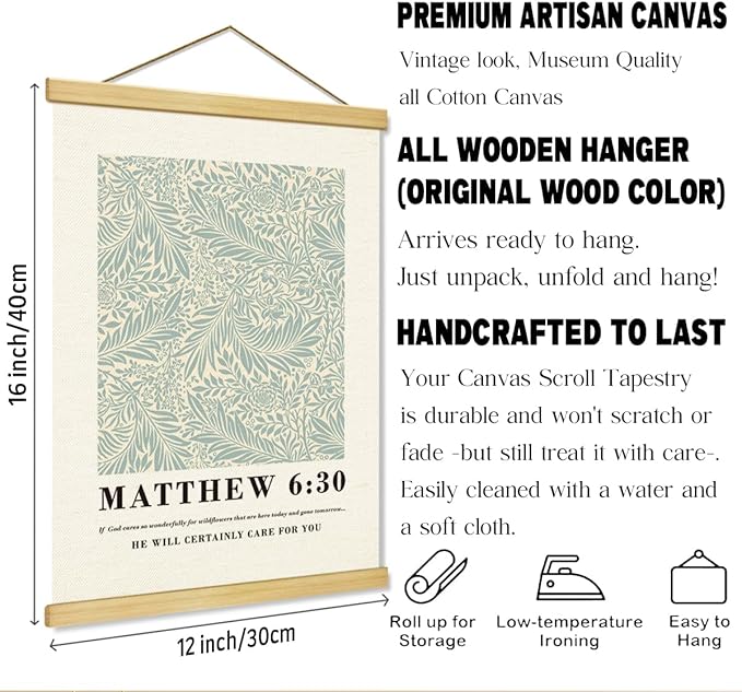Christian Canvas Poster, Matthew 6:30 Canvas Poster Wood Hanger, Christian Wall Art, Bible Verse Posters, William Morris Prints Decor, Modern Canvass Posters Decors, Home Decor Accent