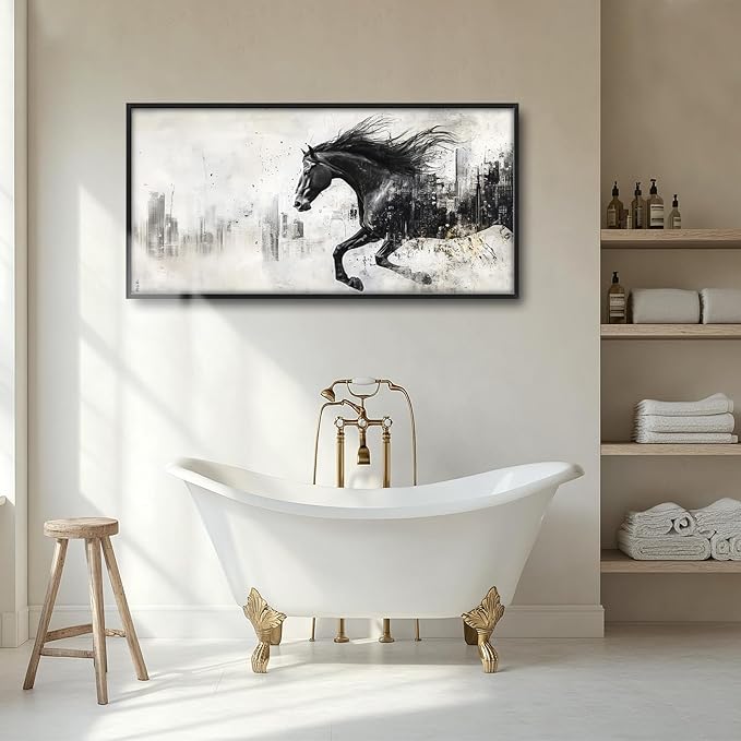 Framed Large Wall Art for Living Room, Black Running Horse Canvas Wall Decor, Large City Picture Framed Painting, Abstract Modern Artwork for Bedroom Office 60L'' × 30W''