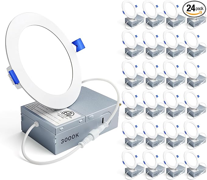 Ensenior 24 Pack 4 Inch LED Recessed Ceiling Light, Dimmable, 3000K Warm White, 750LM 9W 120V, High Brightness Canless Wafer Downlight - ETL&FCC&IC