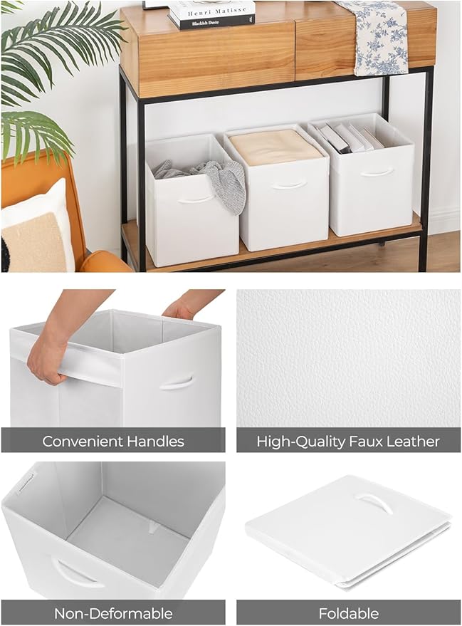 StorageWorks White Storage Cubes, 11-inch Leather Bins with Handle, Cube Organizer Baskets for Shelves and Closet, Collapsible Storage Bins, 4-Pack