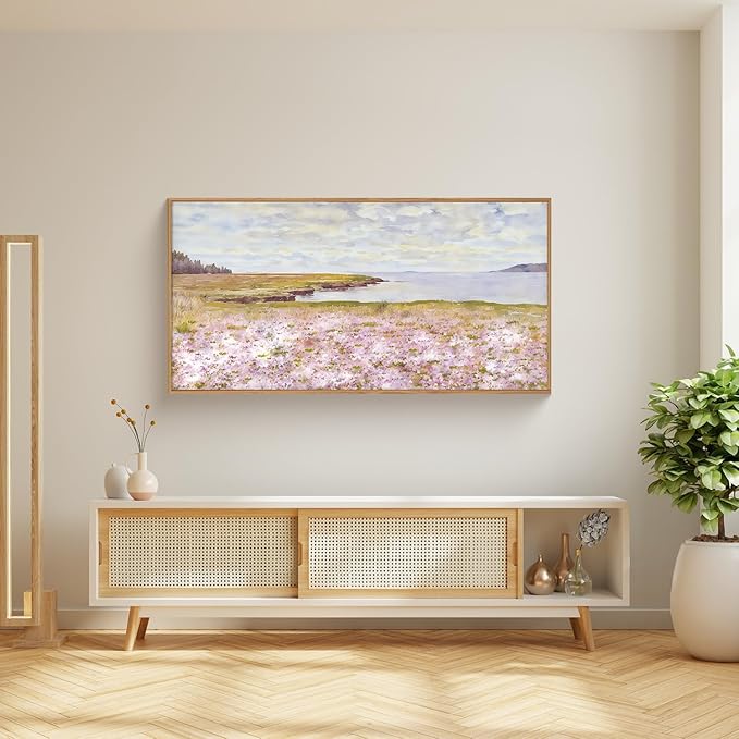HOURIA Pink Wildflower Coastal Landscape Framed Canvas Wall Art Set,Green Meadow Field Wall Decor,Watercolor Beach Wall Painting,Modern Seaside Wall Decor for Living Room, Bedroom, Farmhouse-20"x40"x1