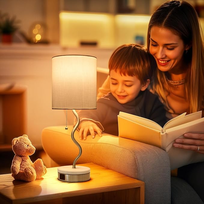 Marble Base Table Lamp - Modern Bedside Lamp with USB Port & Pull Chain, Lamp for Bedroom, Living Room, or Office - Elegant Marble and Metal Design