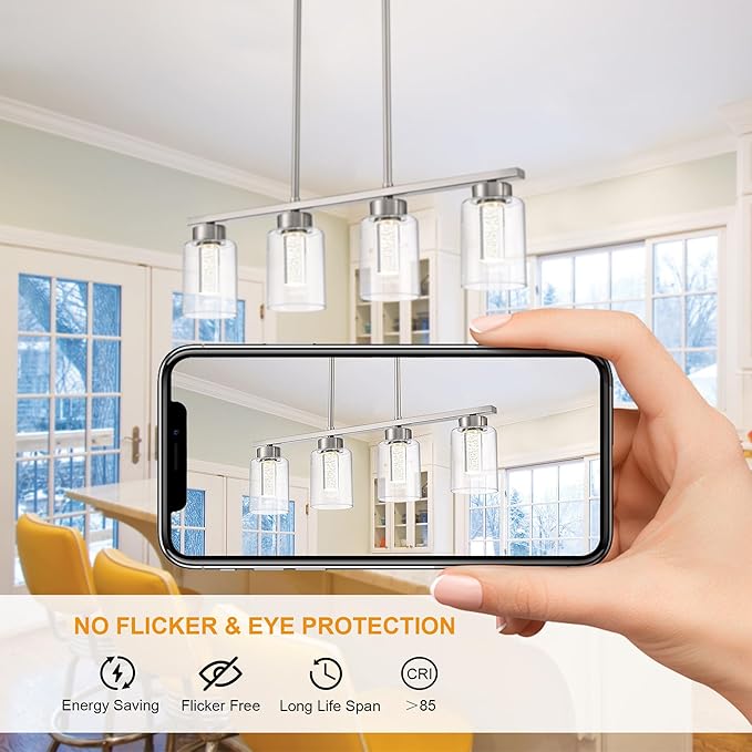 5CCT LED Brushed Nickel Pendant Light Fixtures LED Integrated Bulbs Included, 4-Light Farmhouse Chandedlier for Dining Room, Clear Glass Kitchen Island Light Fixture