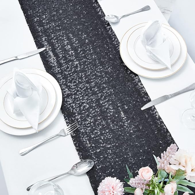 2 Packs 12 x 108 inches Black Sequin Table Runner, Glitter Black Table Runner for Wedding Birthday Bachelorette Holiday Party Supplies Decorations Bridal Shower Baby Shower