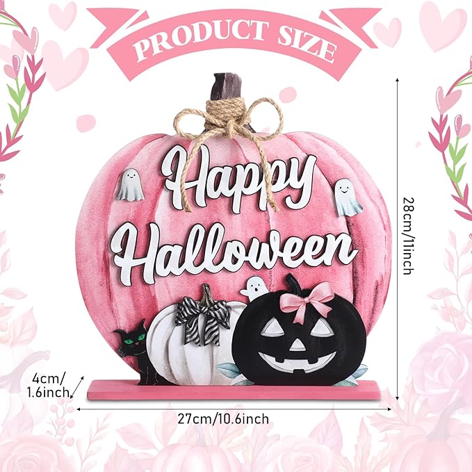 Soaoo Halloween Decoration Wooden Pink Pumpkin Sign Scary Pumpkin Table Decor 11 Inch Wooden Happy Halloween Desktop Ornament for Farmhouse Home Living Room Holiday Decor(Wash Pink, Scary)
