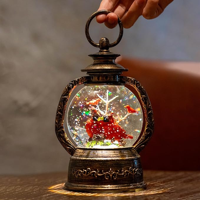 Musical Snow Globe Lantern Lighted 2 Cardinal Christmas Snow Water Lantern Swirling Glittering Home Decoration and Gift, Battery Operated or USB Powered