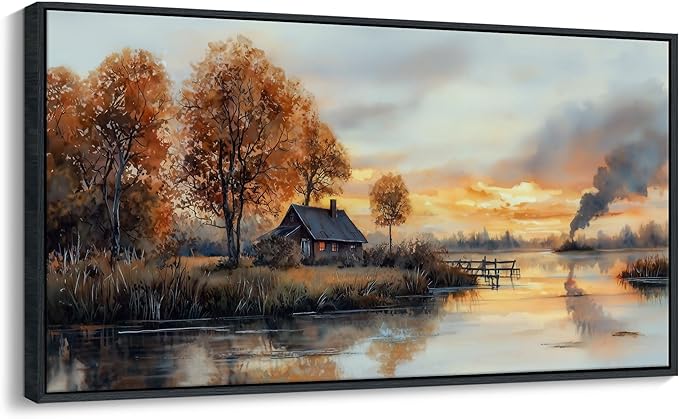 QZQCBLC Large Canvas Wall Art, Sunset Clouds Tree Cabin Landscape Pictures Lake View Farmhouse Orange Tone Painting Framed Artwork for Living room Bedroom kitchen Home Office Decor 29x58 IN
