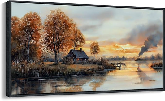 QZQCBLC Large Canvas Wall Art, Sunset Clouds Tree Cabin Landscape Pictures Lake View Farmhouse Orange Tone Painting Framed Artwork for Living room Bedroom kitchen Home Office Decor 29x58 IN