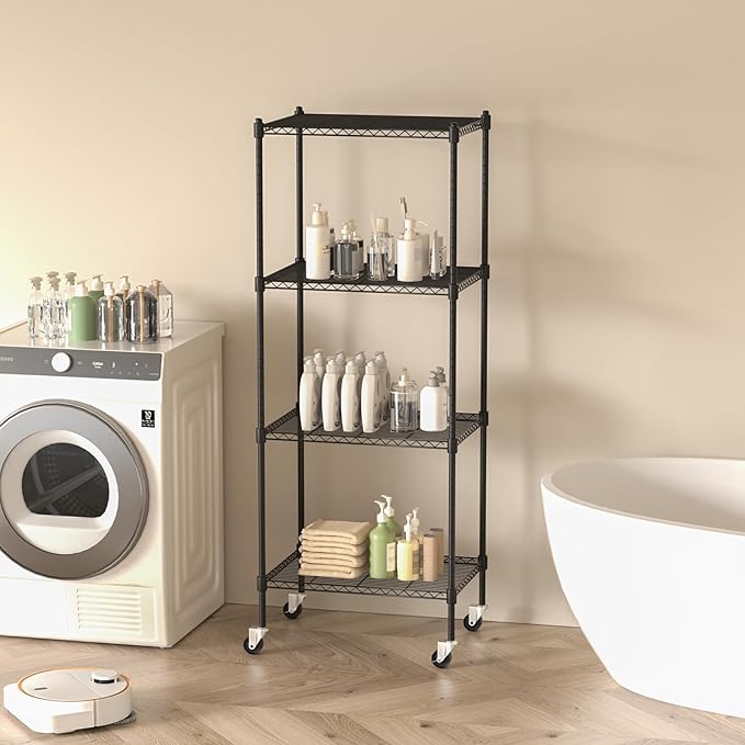 4 Tier Storage Shelves with Wheels, Heavy Duty Metal Garage Shelving Unit and Adjustable Feet, 865lb High Capacity Rolling Storage Shelf for Kitchen, Office, Dining Room (23.6"x 17.7"x 59"), Black