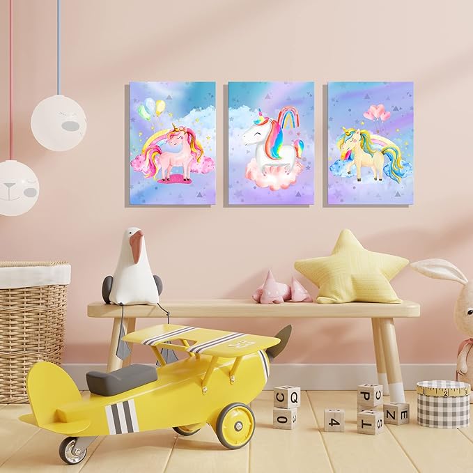 YUANAND Unicorn Wall Art Girl's Bedroom Decor - Rainbow Canvas Pictures for Kids Nursery Home Decor - Watercolor Framed Posters Paintings