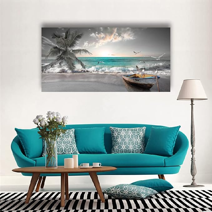 Beach Sea Wave Pictures Canvas Wall Art For Living Room Bedroom Wall Decor,Sea Wave Wall Art Print Paitnings For Home Decor,Morden Artwork Palm Boat Canvas Art Waterproof Ready To Hang-20X40Inches