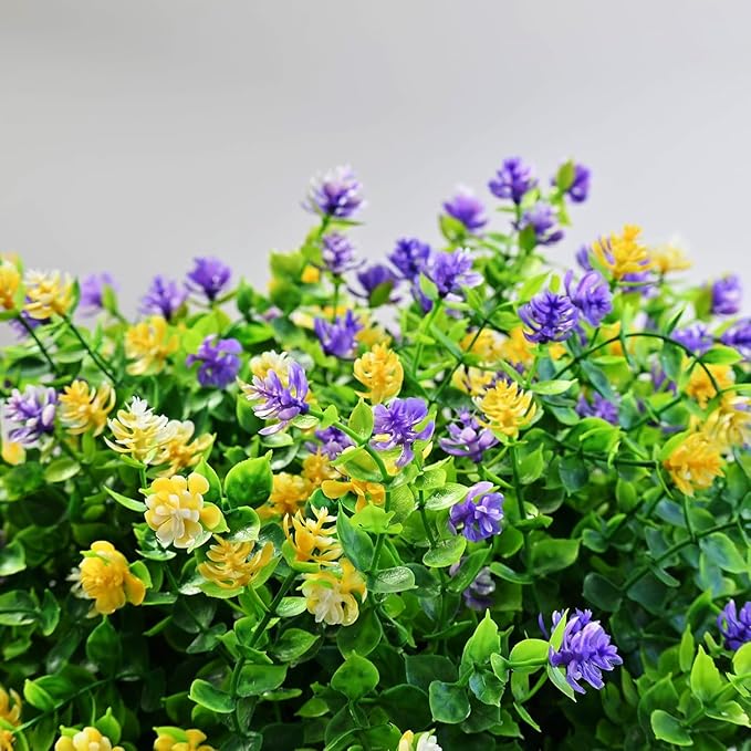 LADADA 12 Bundles Outdoor Plant Flowers, Silk UV Resistant, Outdoor Porch, Home Courtyard, Garden Decoration（Yellow Purple）