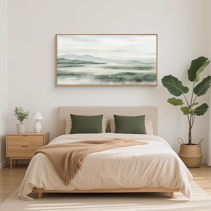 HOURIA Large Watercolor Misty Green Mountain Framed Canvas Wall Art,Neutral Brush Stroke Wall Decor,Modern Landscape Artwork,Nature Minimalist Art Print For Living Room,Bedroom,Office-20 x40 x1