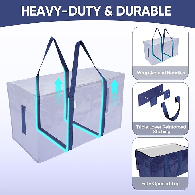 TICONN 2 Pack Extra Large Moving Bags with Zippers & Carrying Handles, Heavy-Duty Storage Tote Moving Boxes for Space Saving (2 Pack, Navy)