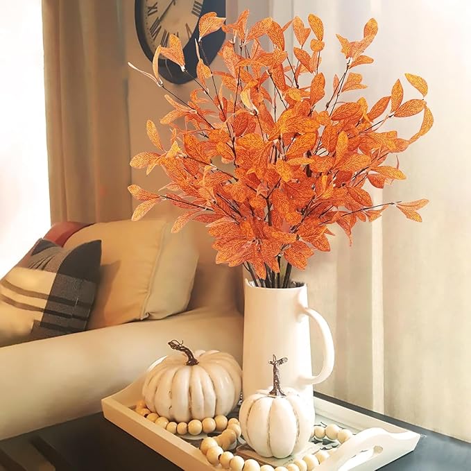 Uieke 18 Pcs Artificial Fall Eucalyptus Stems Fall Eucalyptus Leaves Plants Fall Decorations with Fall Leaves for Autumn Office Home Wedding Centerpiece Fall Florals Arrangement Decor (Orange)