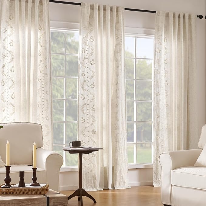 jinchan Belrose Lined Linen Blend Curtains Boho Floral Curtains for Bedroom 96 Inch Length Ivory Embroidered Drapes Rod Pocket Farmhouse Flower Drapes for Living Room Window Treatments Set 2 Panels