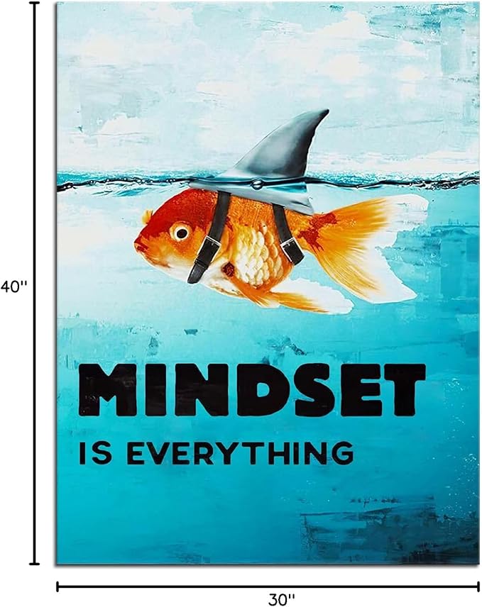 Inspirational Canvas Wall Art Mindset is Everything Goldfish Shark Print Artwork Motivational Poster Office Wall Decoration Wooden Frame Holiday Gift Ready to Hang[30″W X 40′'H]