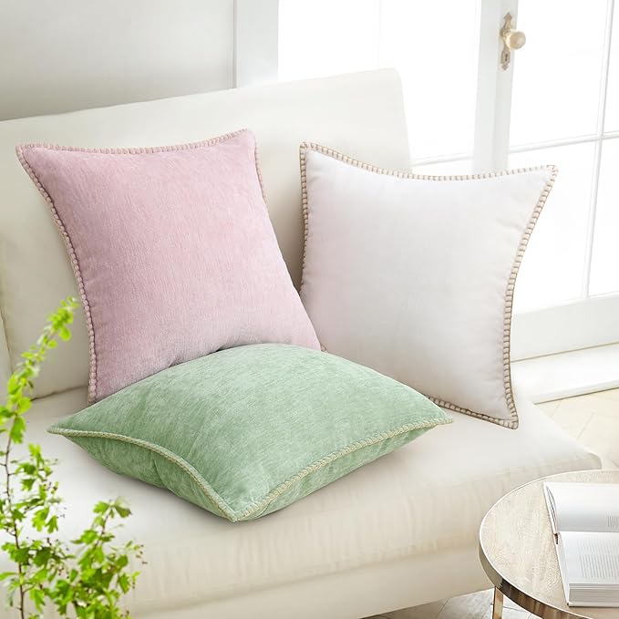decorUhome Chenille Soft Throw Pillow Covers 16x16 Set of 2, Farmhouse Velvet Neutral Decorative Euro Pillow Covers with Stitched Edge for Couch Sofa Bed Home Decor, Blush Pink