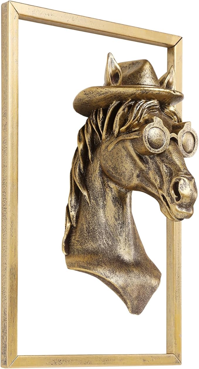 Animal Heads Wall Decor (Includes Metal Frame) Resin Animals Sculptures Head Wall Hanging Decoration Gold vintage Wall Sculpture for Living Room Bedroom Office(Horse)