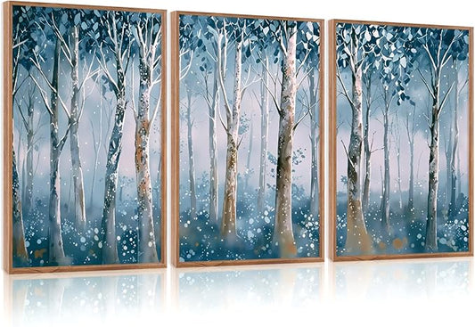 CHDITB Birch Trees Framed Canvas Wall Art Set, Blue Tree Abstract Nature Wall Decor,Blooming Birch Dreamy Forest Wall Painting, Vintage Landscape Art Prints for Living Room Bedroom Office-16 x24 x3