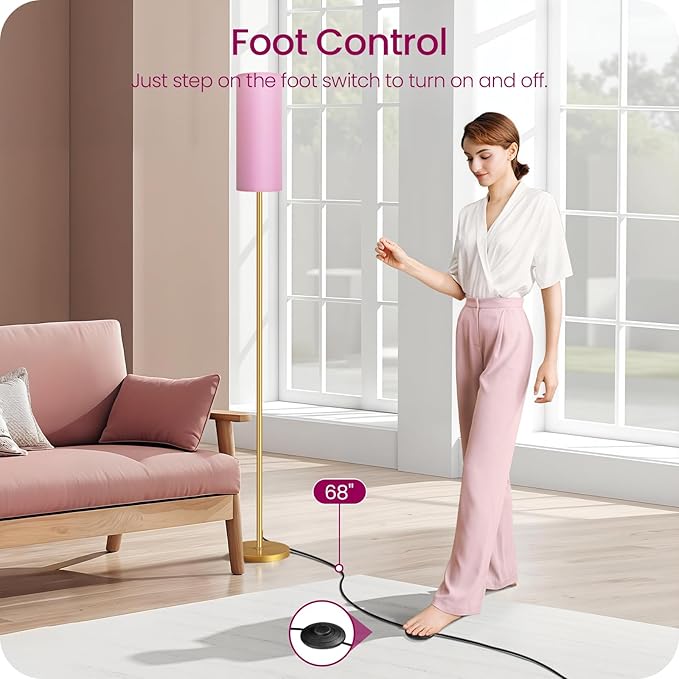 Dimmable Pink Floor Lamp for Living Room with Remote and Foot Switch, Corner Floor Lamp, 64.4'' Standing Tall Lamp, 10W 900LM Bulb Included, 3000K-6500K, Linen Shade, Gold Pink, FCC Listed DP06LD05W1