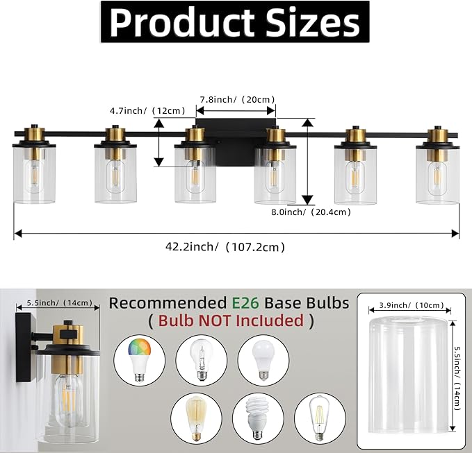 LOUSACE Bathroom Lighting Fixtures Black and Gold 6 Light Bathroom Vanity Light Over Mirror with Clear Glass Shades, Brushed Gold Socket Wall Vanity Lighting Fixtures for Bedroom Living Room