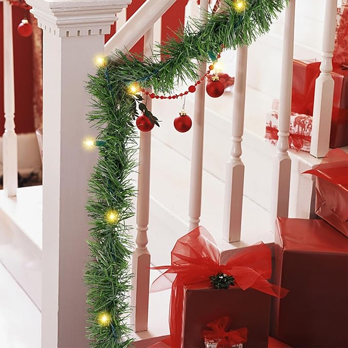 Biswing 50FT Pre-lit Christmas Green Garland, Lighted Artificial Pine Garlands with 100 Count Clear Incandescent Mini Lights, Light Up for Indoor Outdoor Gate Home Winter Holiday New Year Decorations