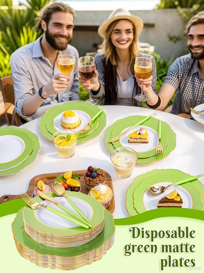 WDF 150Pcs Green Plates Disposable - Baroque Green and Gold Plates - 25Guest Plastic Dinnerware Ideal for Party/Spring/Picnic