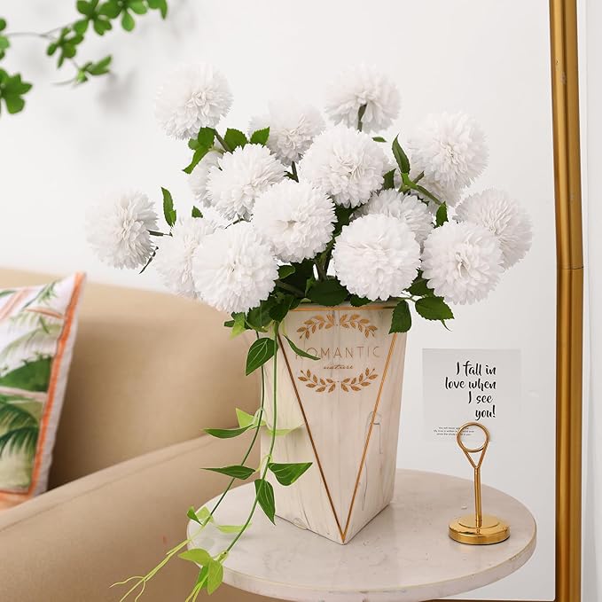 Floweroyal 24pcs Artificial Chrysanthemum Ball Flowers, Fake Mums Silk Hydrangea Bridal Wedding Bouquet for Home Garden Party Office Coffee House Decoration (White)