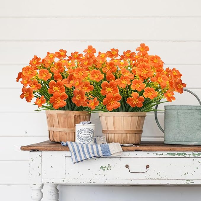 16 Pcs Artificial Fall Flowers for Outdoors, UV Resistant Outdoor Fall Fake Flowers Plants Fuax Fall Shrubs for Autumn Home Garden Porch Window Box Thanksgiving Fall Outdoor Decor