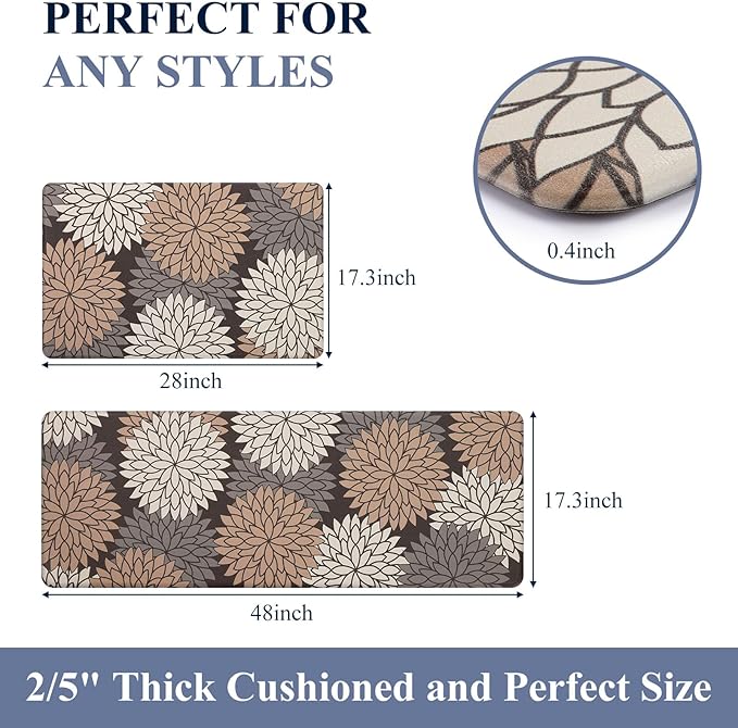 HEBE Anti Fatigue Kitchen Rug Sets 2 Piece Non Slip Kitchen Mats for Floor Cushioned Kitchen Rugs and Mats Waterproof Comfort Standing Mat Runner for Kitchen,Home Office,Sink,Laundry
