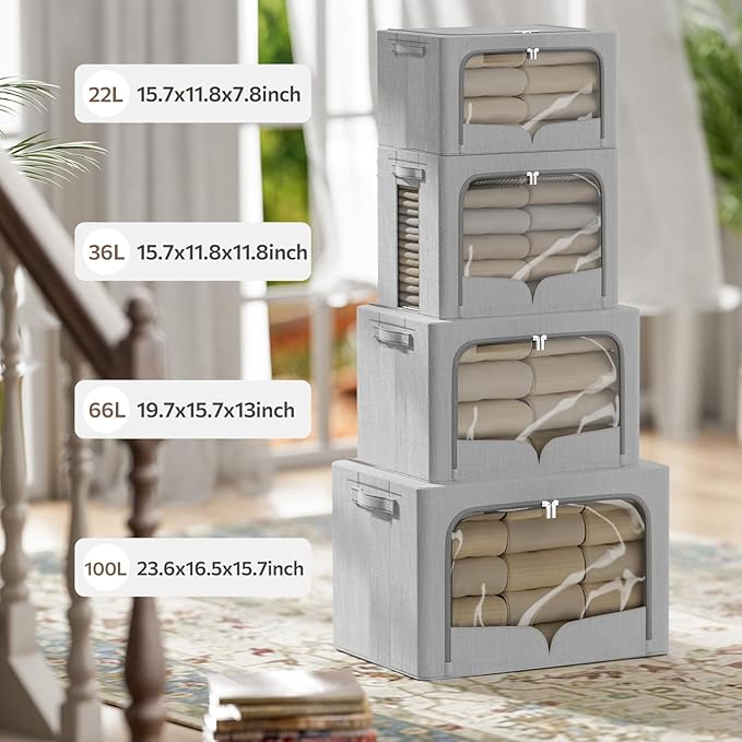3 Pack Clothes Storage Bins Foldable Metal Frame Storage Box Extra Large Stackable Linen Fabric Organizer Set with Carrying Handles and Clear Window (Light Gray, 23.6x16.5x15.7inch(100L))