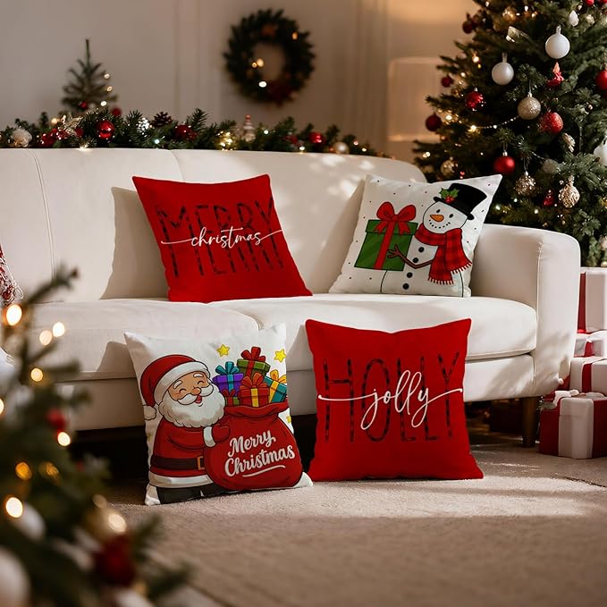 Christmas Pillow Covers 18x18 inch Set of 4, Holiday Winter Outdoor Red Vintage Xmas White Snowman Burgundy Seasonal Santa Burlap Decorations for Sofa Couch