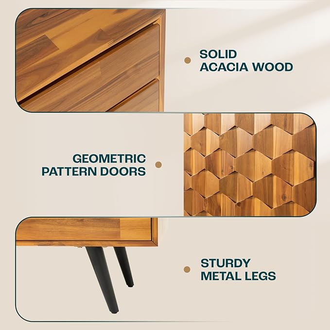 Bme Sideboard Georgina Solid Wood 2 Doors & 3 Drawers, 61'' Mid Century Modern Cabinet with Geometric Pattern for Kitchen, Dining, Living Room, Teak Brown