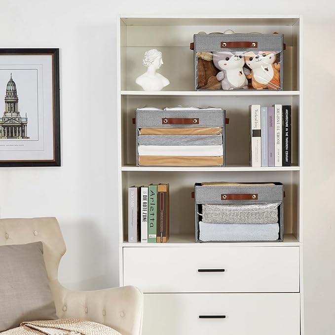 Large Storage Baskets with Clear Window, See Through Closet Organizer with PU Handles, Linen Foldable Storage Bins for Organizing Clothes, Toys, Books (Gray)