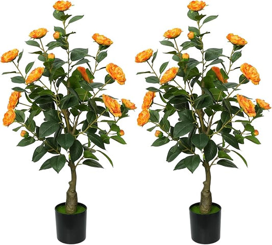 3ft Artificial Camellia Tree with White Silk Flowers - Realistic Faux Flowering Plant for Indoor/Outdoor Decor, Home Staging & Wedding Centerpieces, Set of 2-Orange