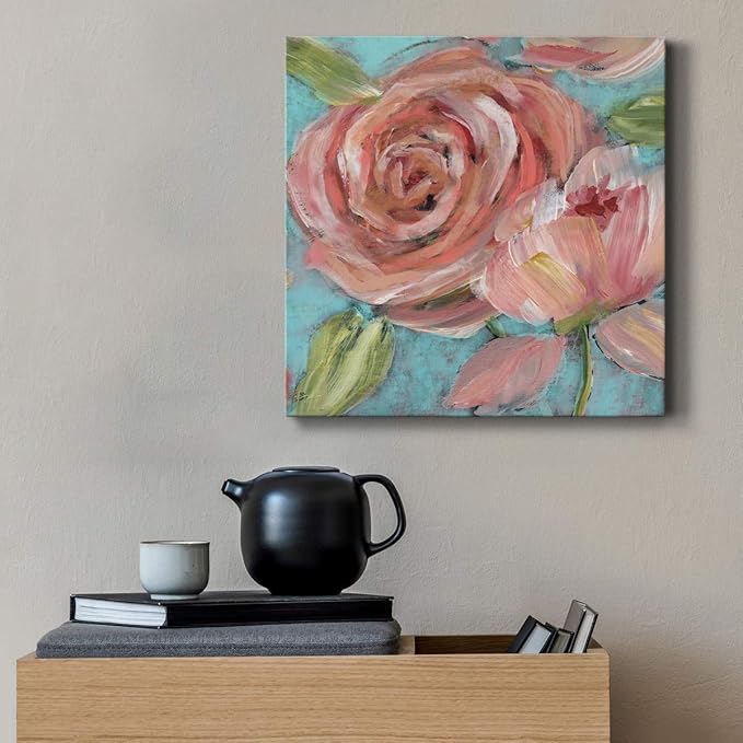 Wexford Home Square Premium Gallery Wrapped Canvas Flower Multicolor Wall Art Abstract Floral Romance Modern Pictures Print for Home Office, Ready to Hang, Blushing Coral Beauties, 16x16