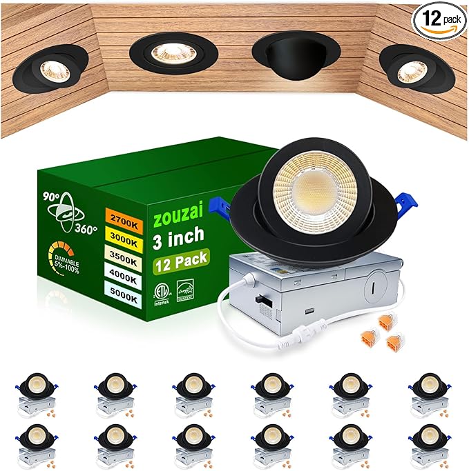 zouzai 5CCT LED Gimbal Led Recessed Light with Junction Box, 360°+90° Adjustable Directional Eyeball Lighting, Dimmable, 2700K/3000K/3500K/4000K/5000K,ETL&Energy Star (Black 12 Pack, 3 inch)
