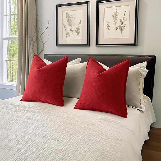 MIULEE Pack of 2 Red Decorative Pillow Covers 24x24 Inch Soft Chenille Luxurious Couch Throw Pillows Farmhouse Cushion Covers Euro Shams with Elegant Design for Sofa Bedroom Living Room Home Decor