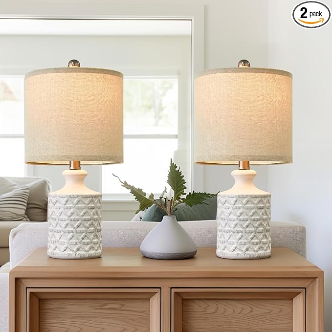 PoKat 18" Farmhouse White Ceramic Table Lamps Set of 2 for Living Room Small Beside Lamps Bedroom Nightstands Lamps End Small Table Lamps