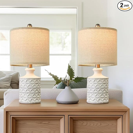 PoKat 18" Farmhouse White Ceramic Table Lamps Set of 2 for Living Room Small Beside Lamps Bedroom Nightstands Lamps End Small Table Lamps